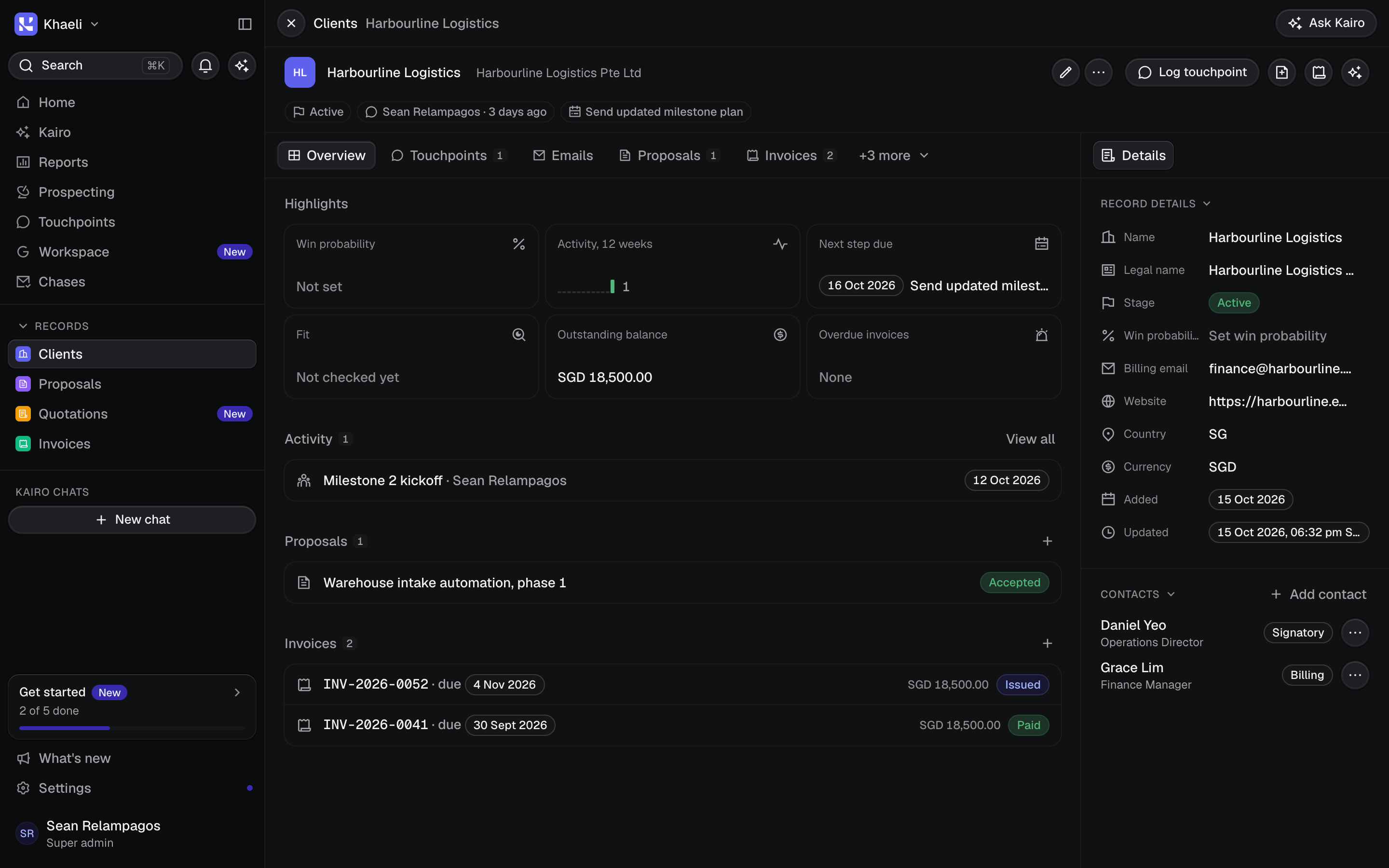 A client record in Cadence with highlights for win probability and outstanding balance, recent activity, proposals and invoices, and a details panel with contacts