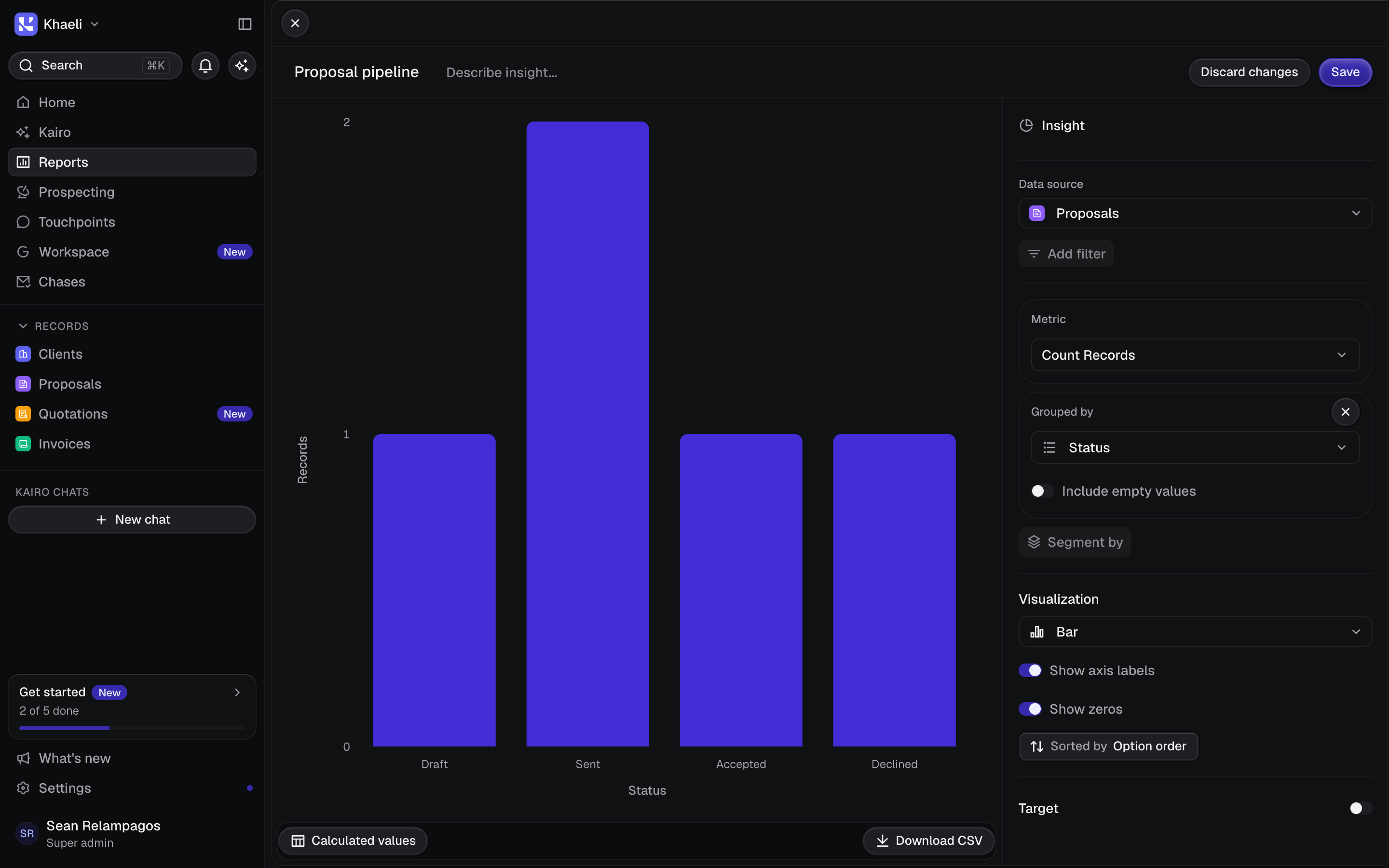 The insight editor with payments as the data source, sum of amount grouped by month, filters for reversed and currency, and a live bar chart preview