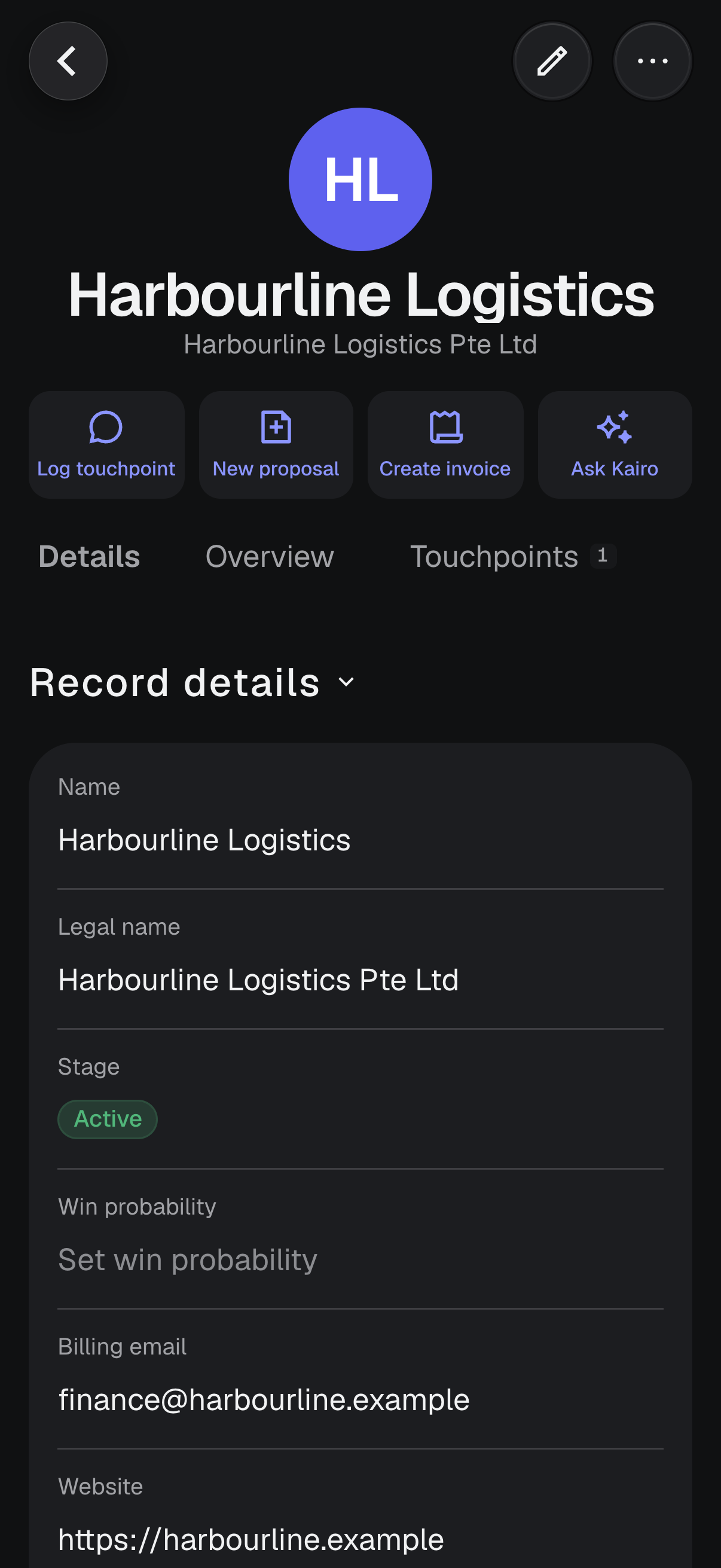 A client record on a phone with quick actions to log a touchpoint, create a proposal or invoice, and ask Kairo