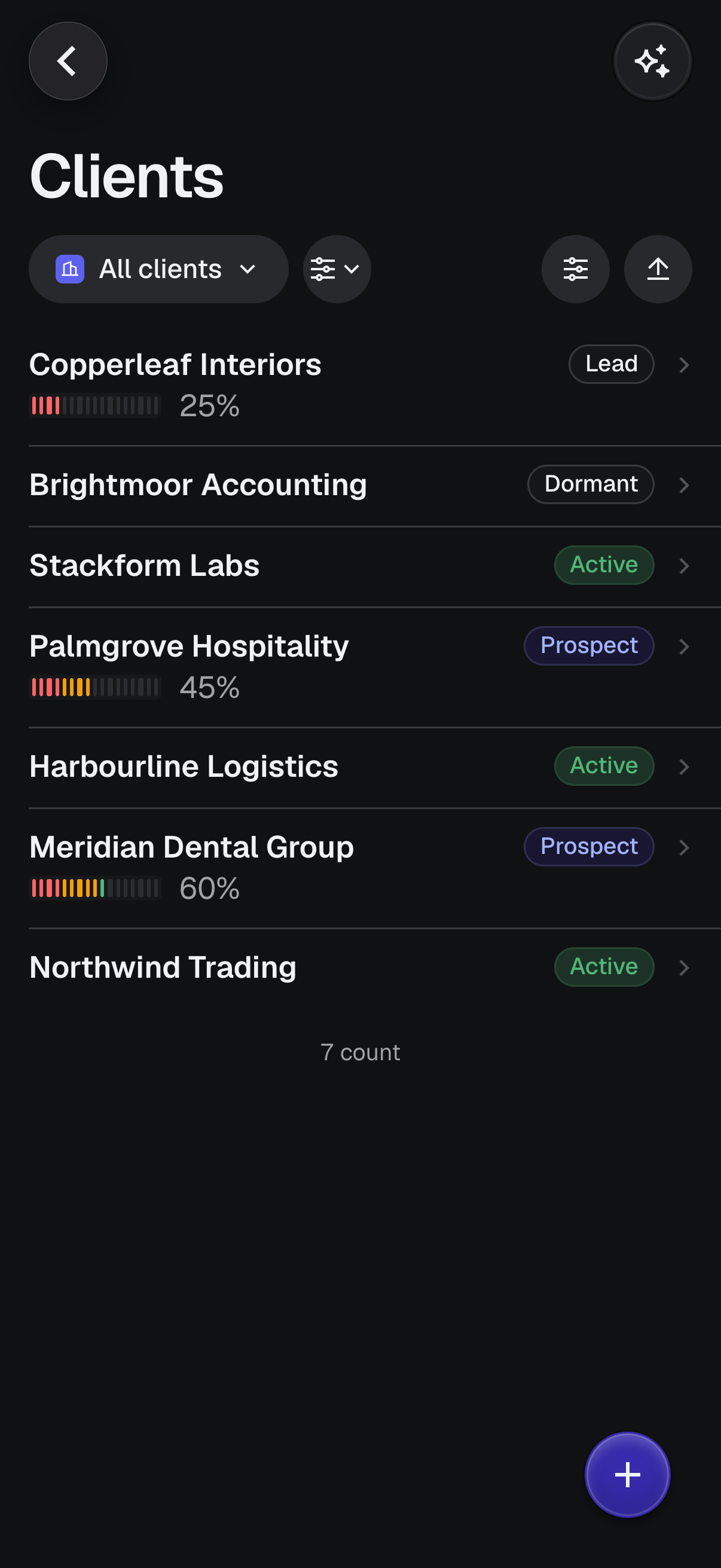 The clients list on a phone with stage chips and win probability meters on fictional demo companies