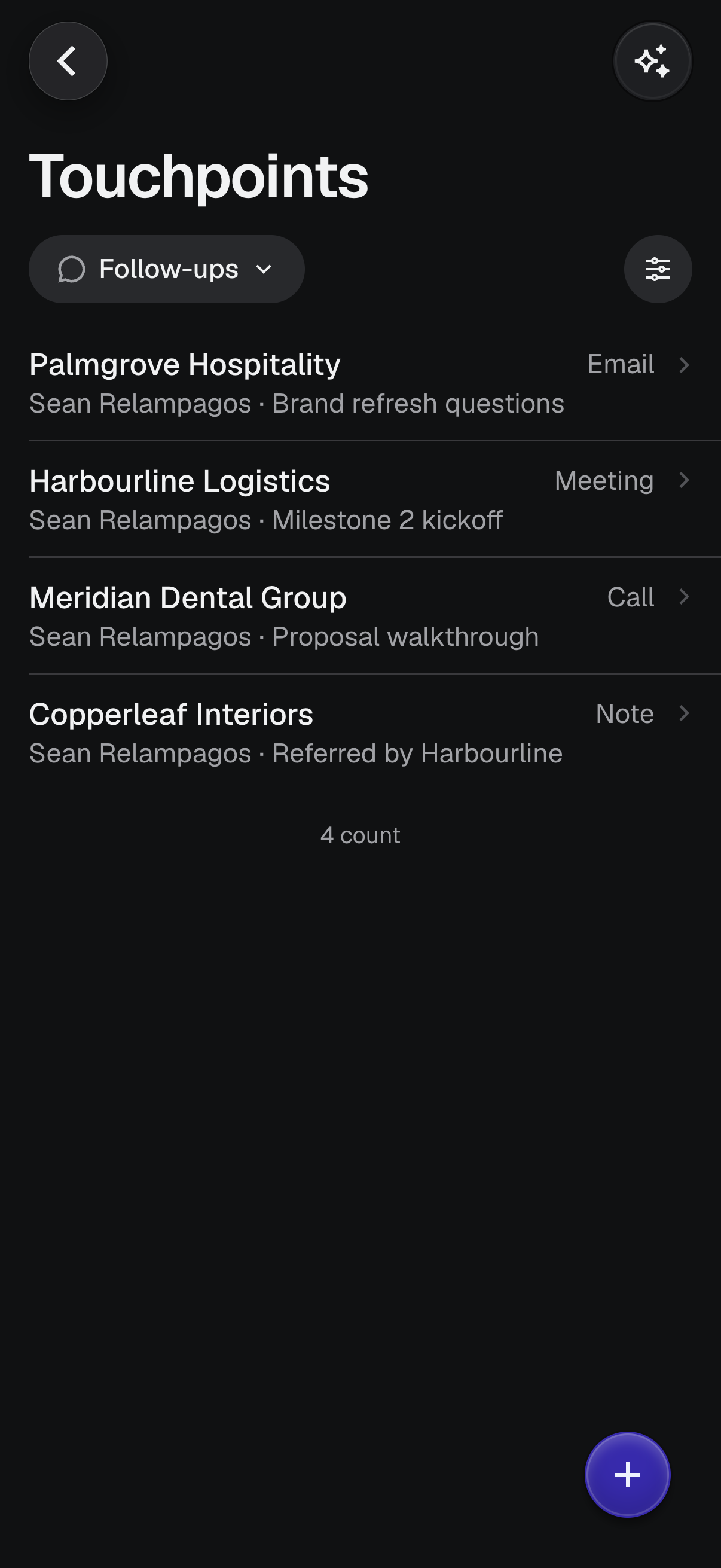 The follow-ups list on a phone showing the next step owed to each fictional client