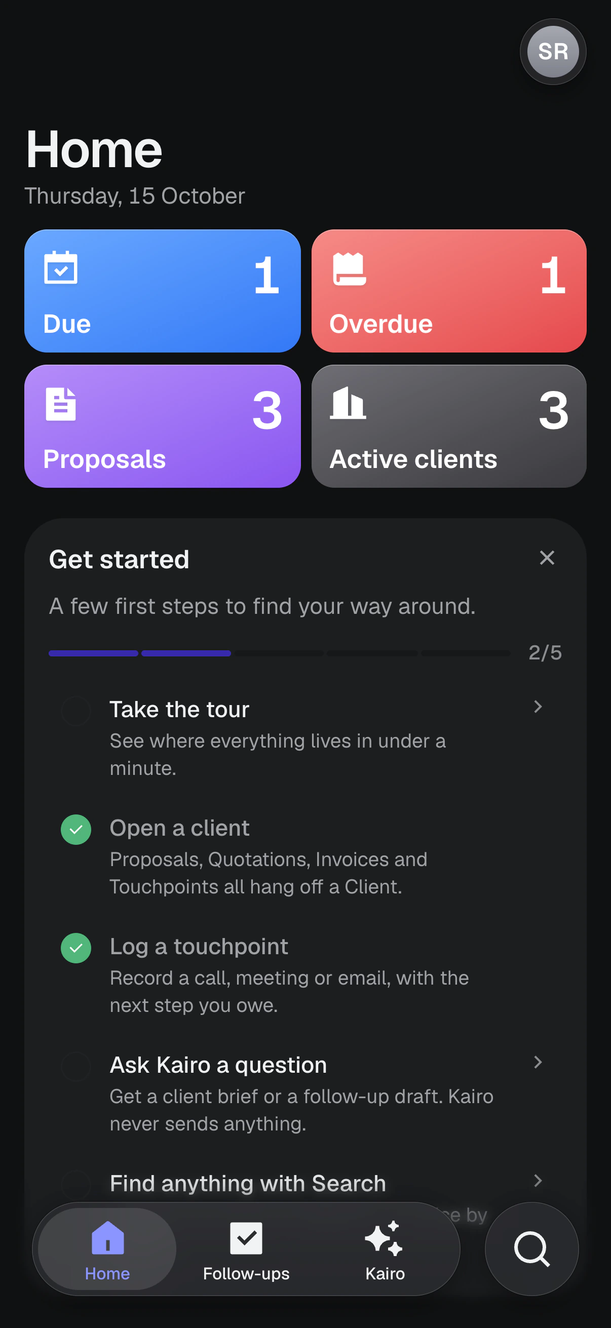 The Cadence home screen on a phone: due and overdue counts, proposals and active clients tiles, and a getting started checklist over an iOS style tab bar