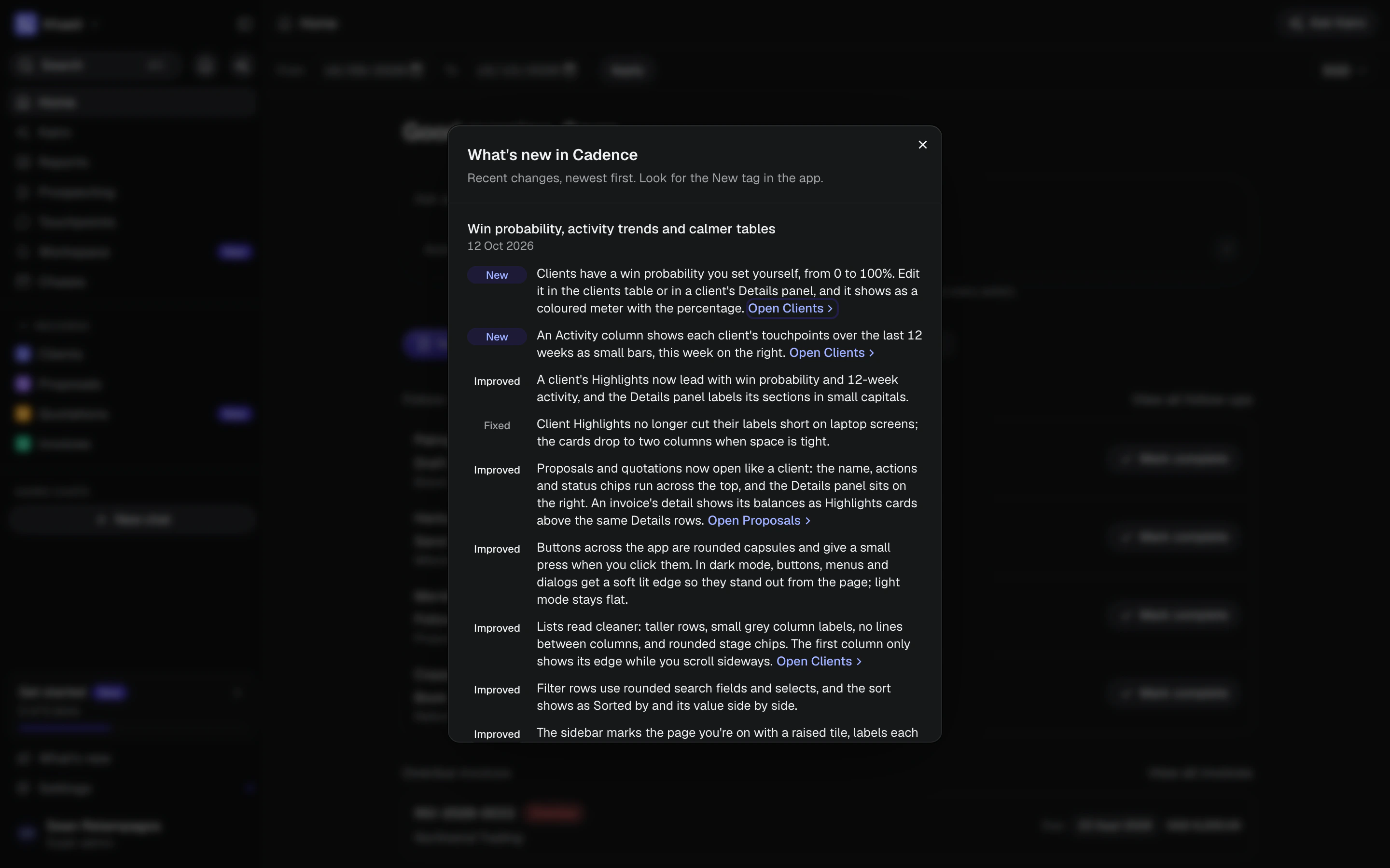 The What's new dialog in Cadence listing recent changes with New and Improved tags, over a dimmed dashboard