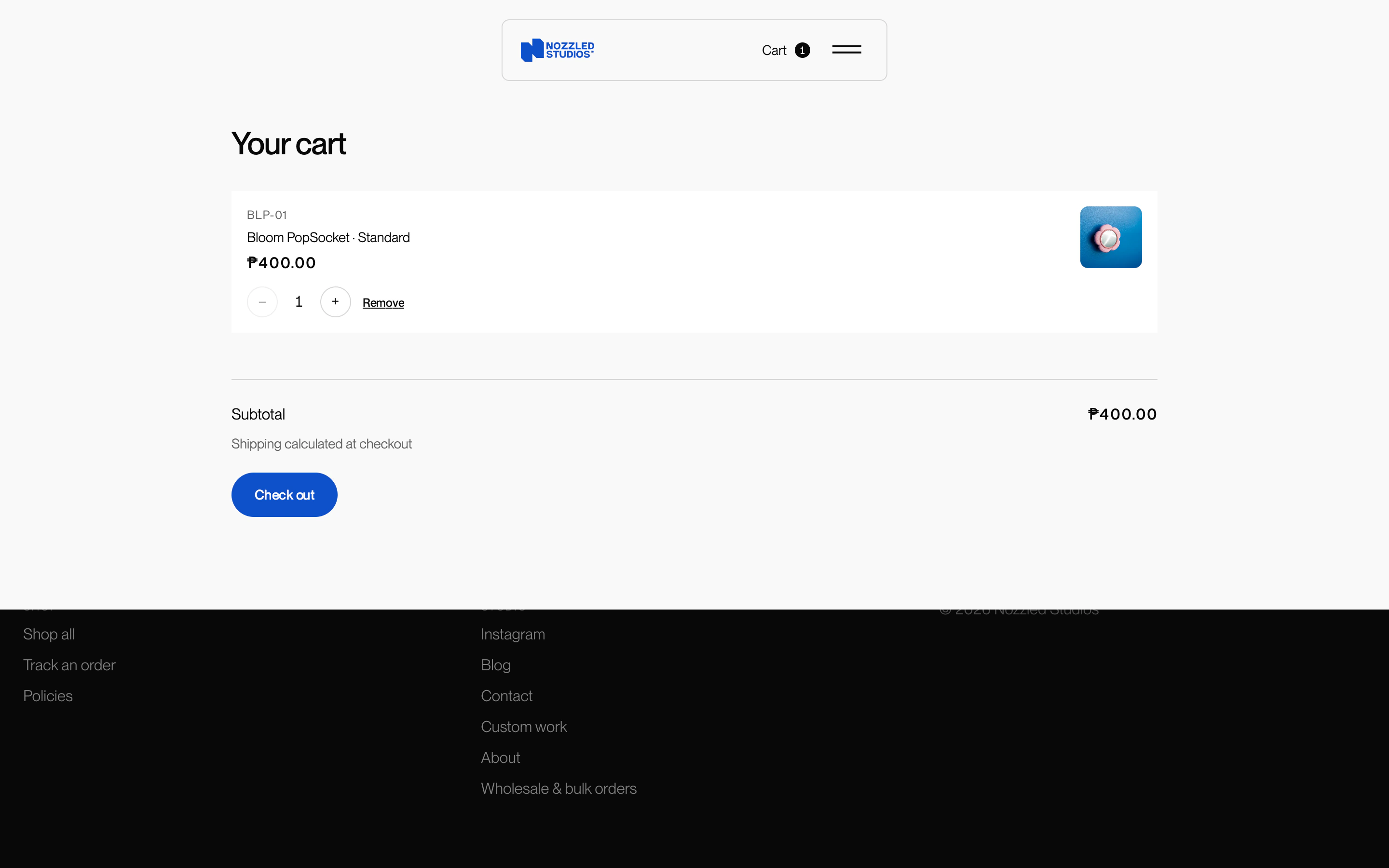 Cart page with one printed piece, server computed subtotal and a single checkout button