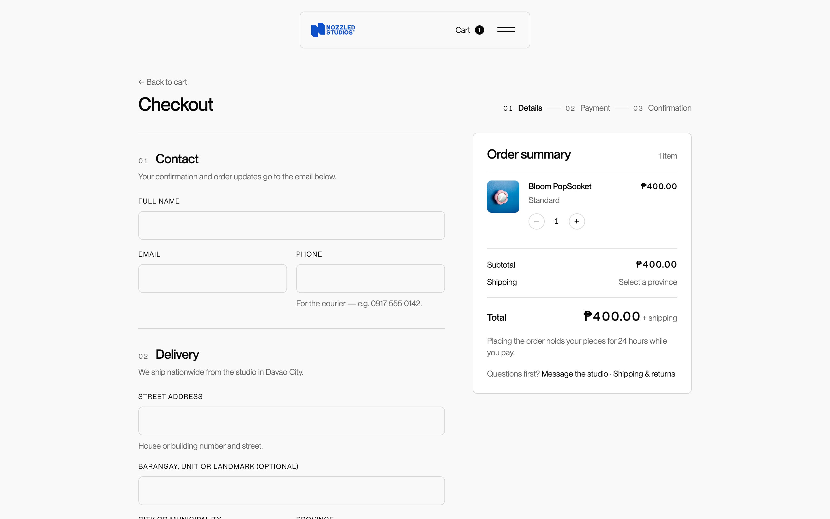 Desktop checkout with contact and delivery form beside an order summary stating the 24 hour hold