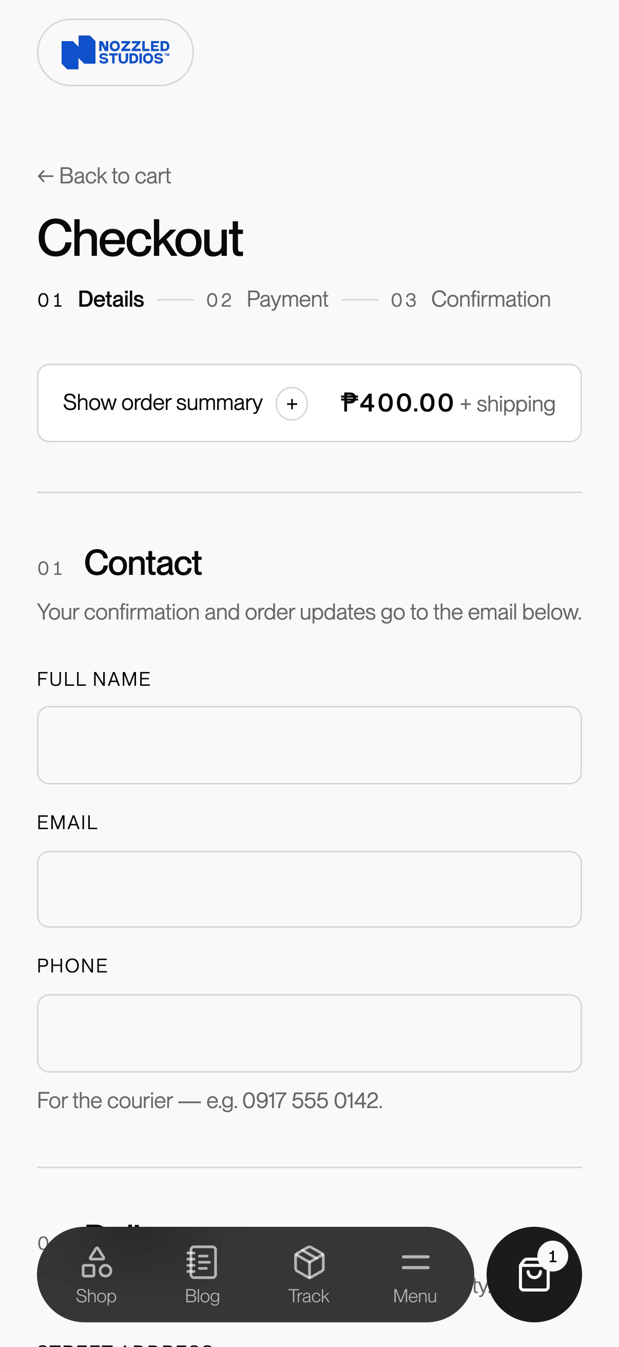 Checkout details step on a phone with contact fields and a collapsible order summary