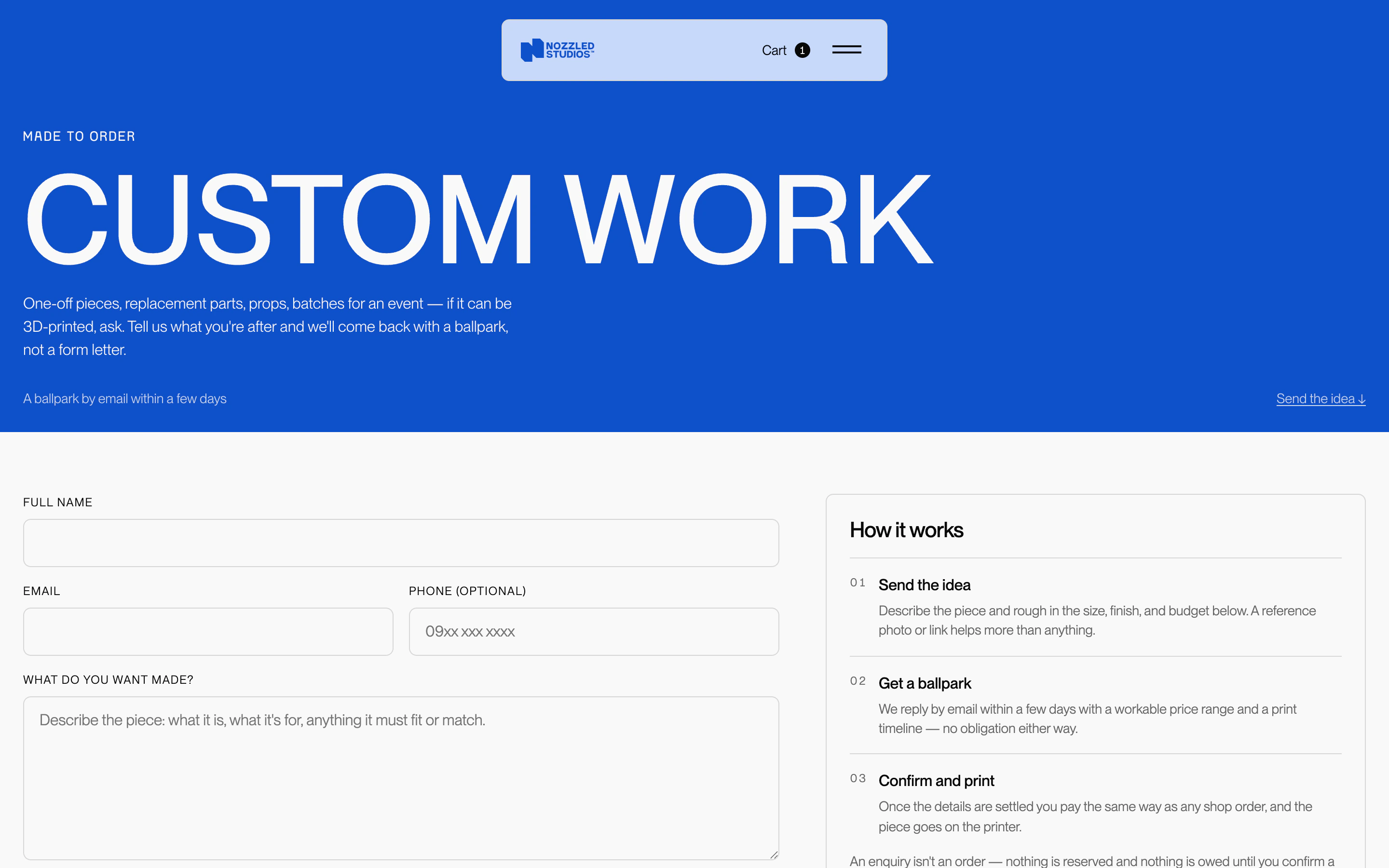 Custom work page with an enquiry form and a three step explanation of how commissions work