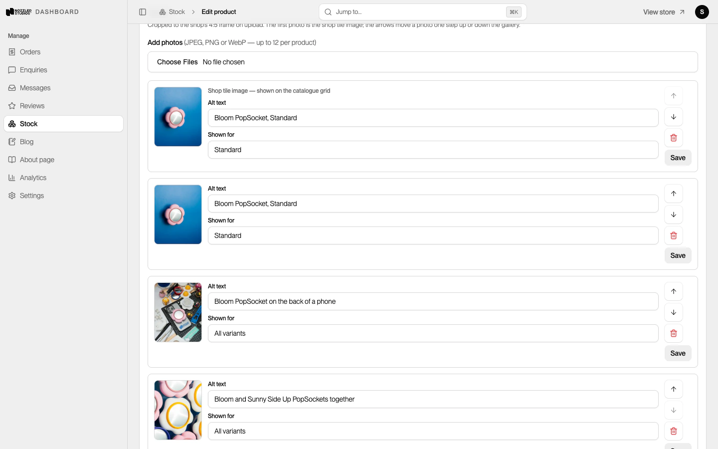 Nozzled Studios dashboard with orders, enquiries, stock, blog and analytics sections, open on a product's photo manager