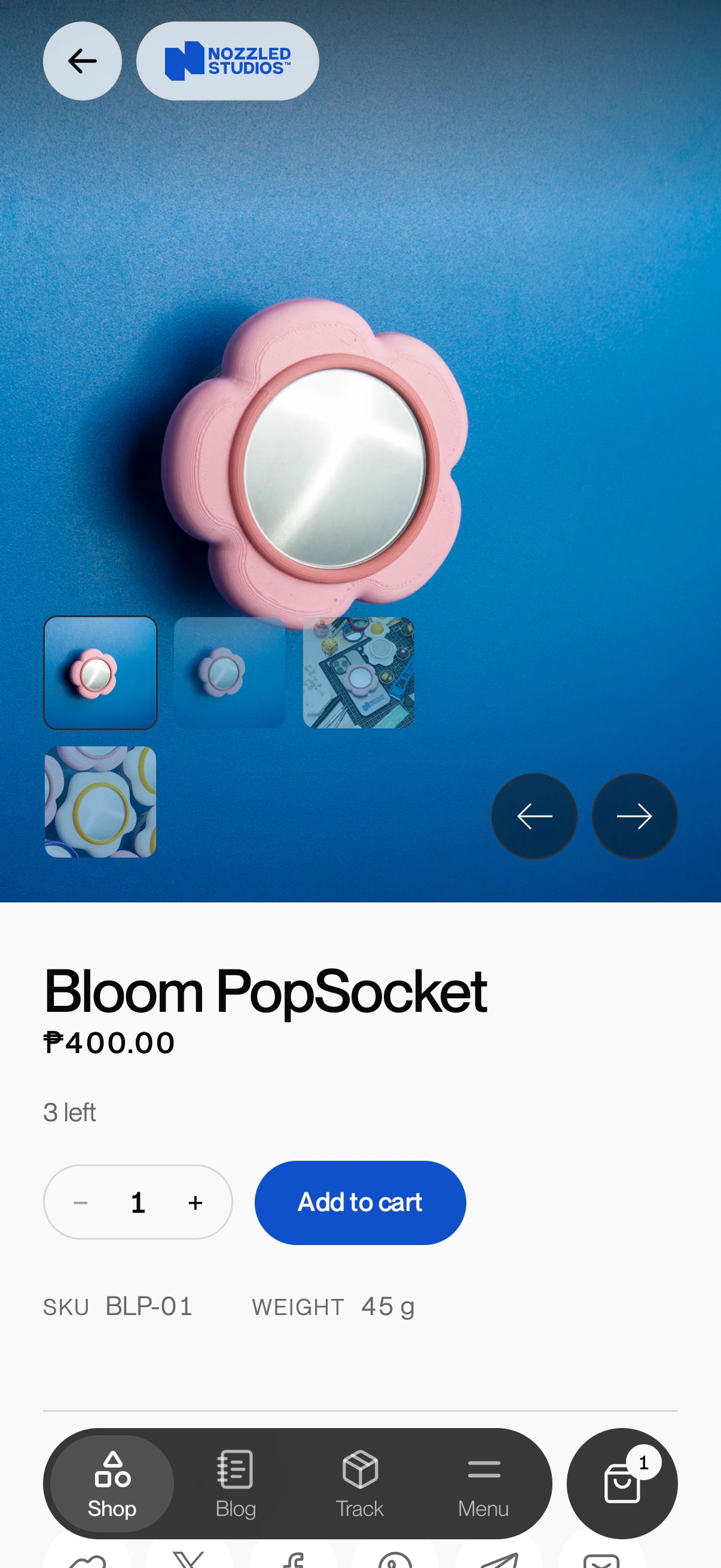 Product page for a 3D-printed PopSocket with price, stock count and one buy button
