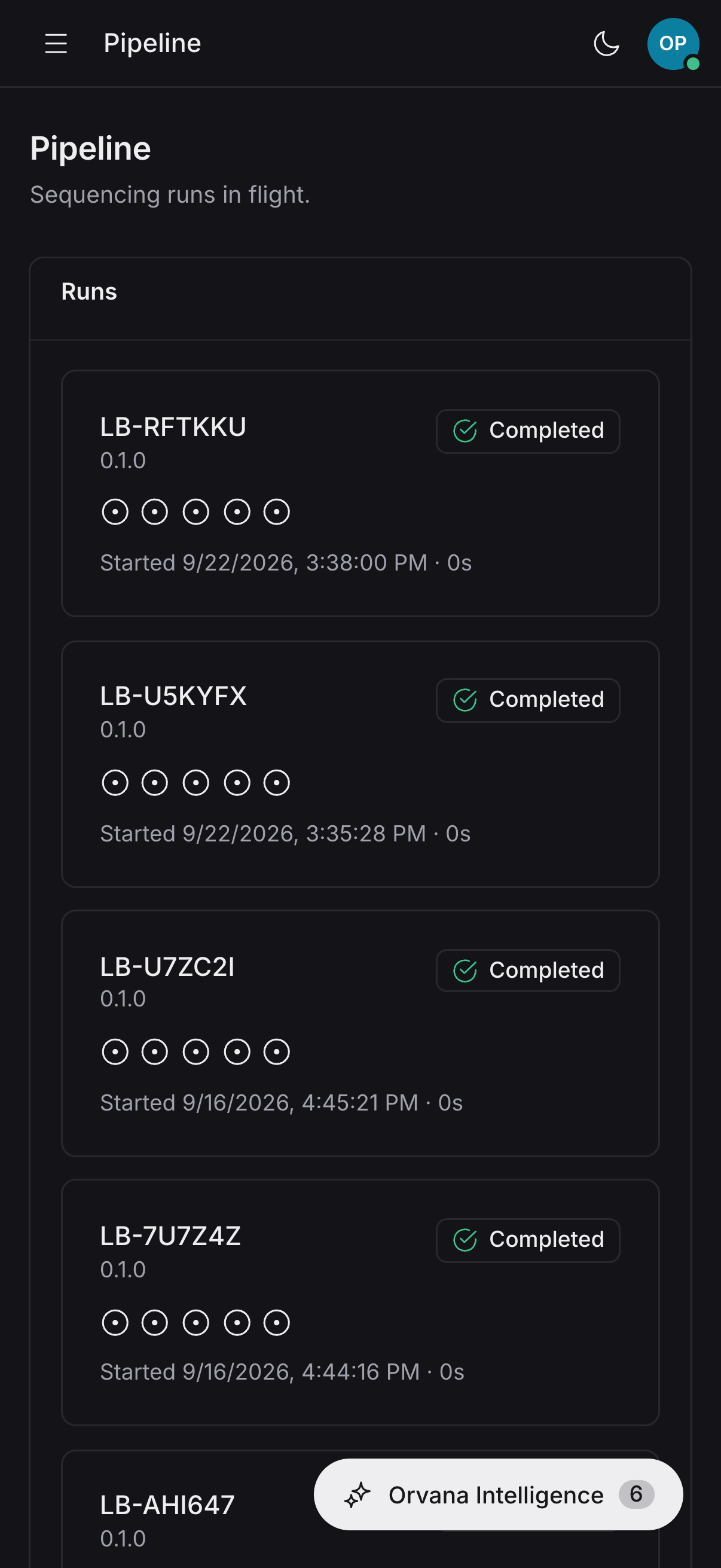 The Orvana ops dashboard on a phone, listing completed sequencing pipeline runs on demo data