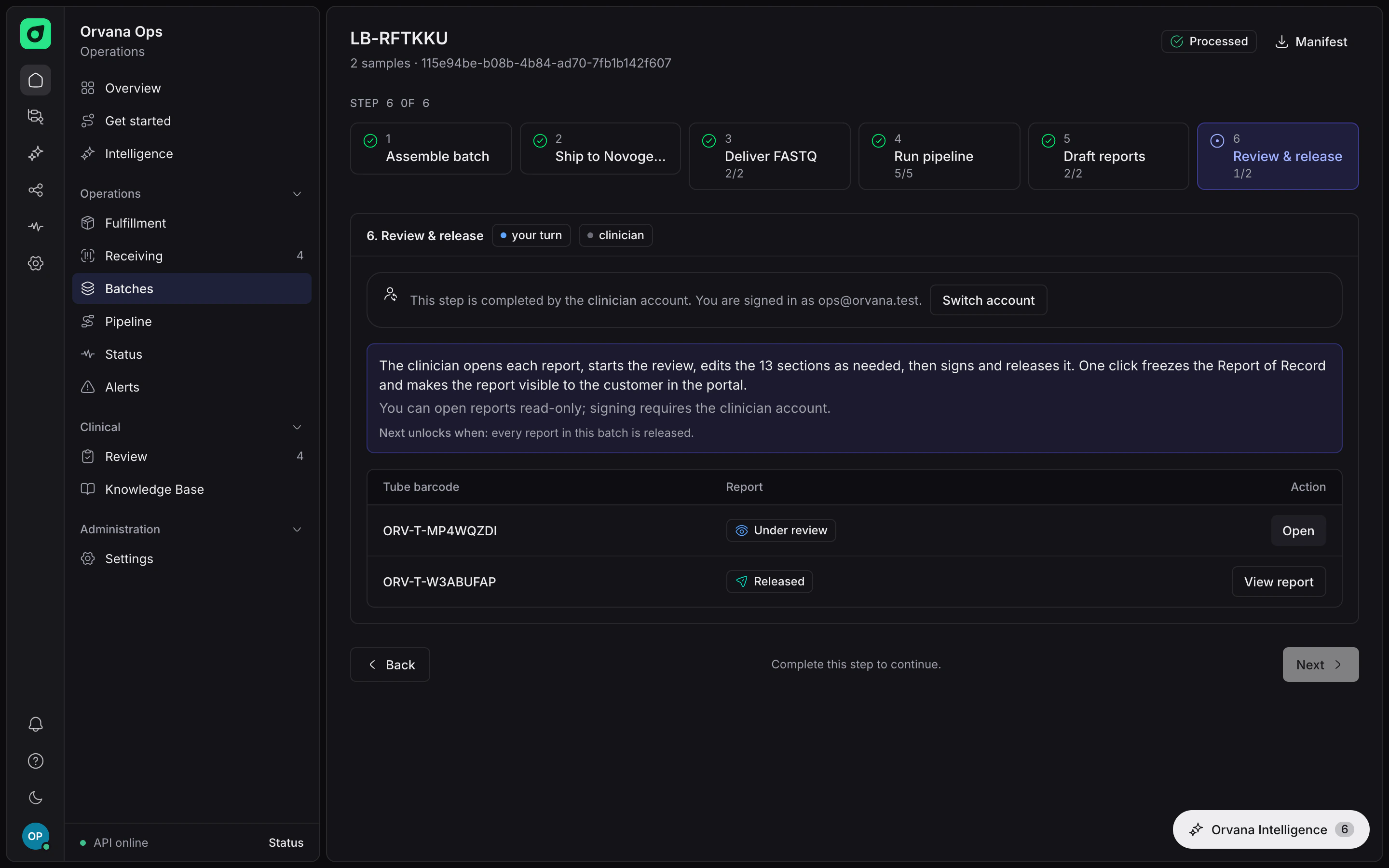 Step six of six on a batch in the ops dashboard: review and release is reserved for the clinician account, with one report under review and one released