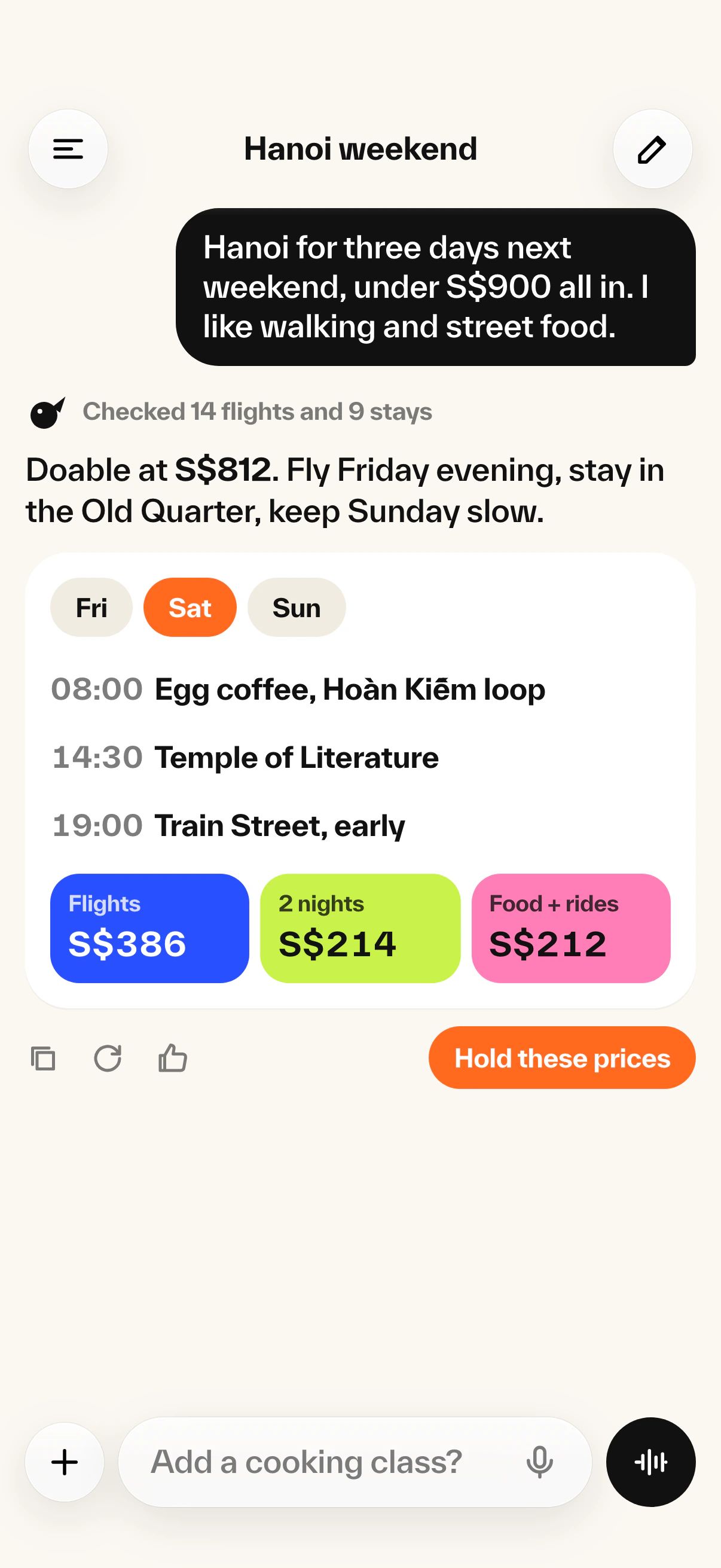 Wren chat screen answering a Hanoi weekend request with a day plan and a cost split of S$386, S$214 and S$212