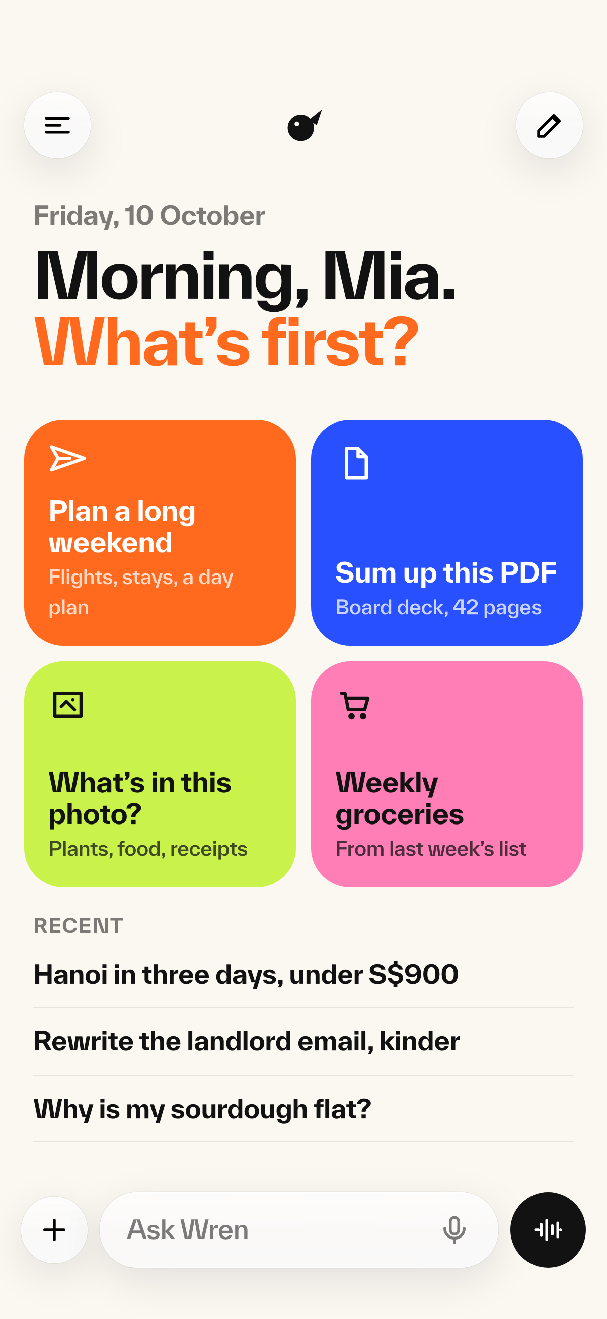 Wren home screen with a greeting, four solid colour quick-start tiles, recent chats and a composer