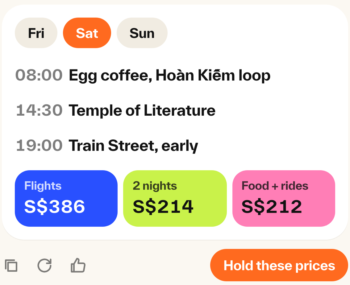 A day plan card with Friday to Sunday tabs, three timed stops and a cost split of S$386, S$214 and S$212